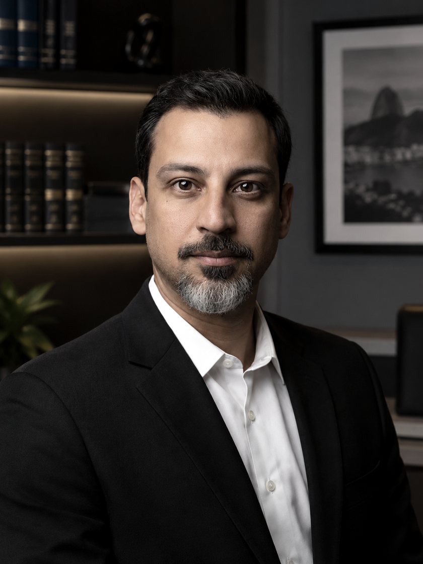 Dr. Alberto Nascimento em seu escritório na Barra da Tijuca, diante da biblioteca jurídica
